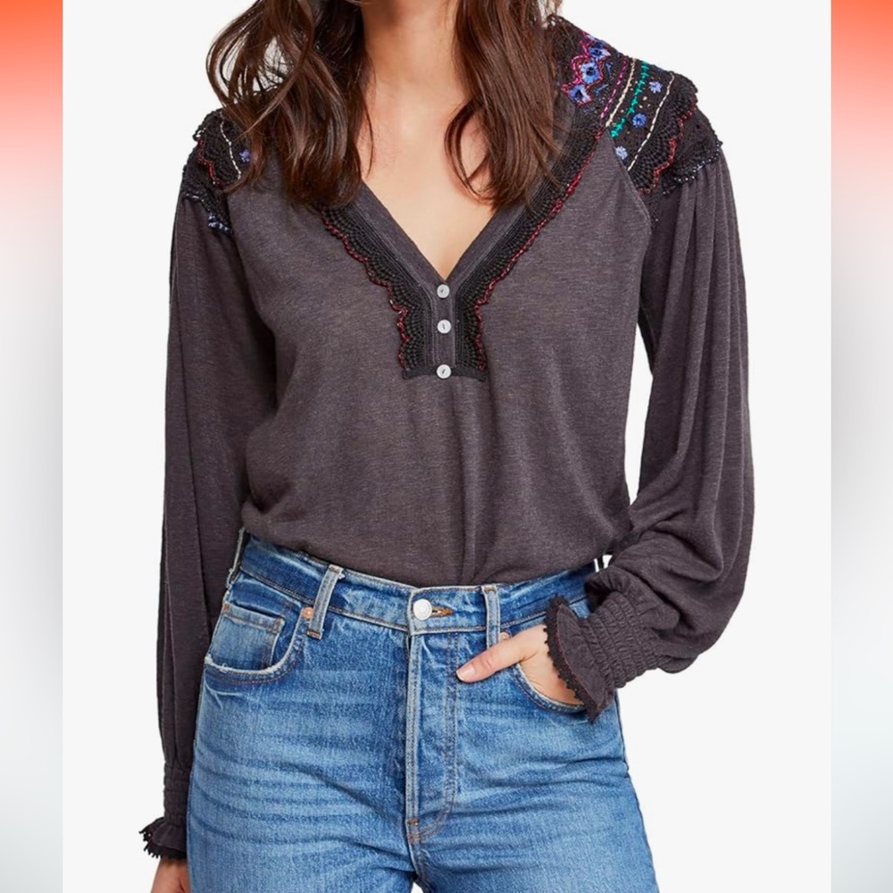 Dark Grey Free People long sleeve top with colorful embroidered details - Size M